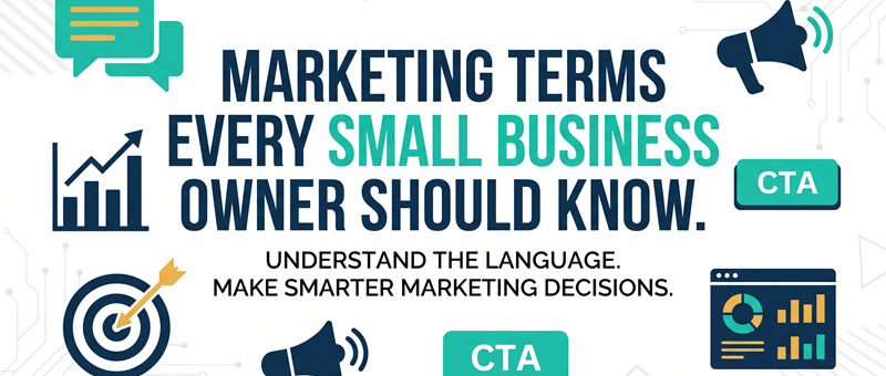 Graphic illustration of learning essential marketing terms every small business owner should understand before investing in marketing services, from CTAs and conversions to content strategy.