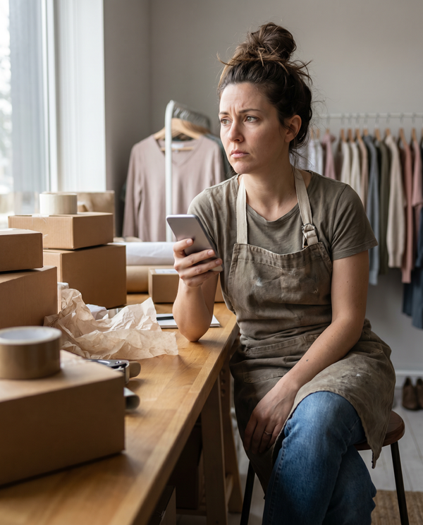 Small business owner contemplating what to post without a posting system from Success Pro Digital