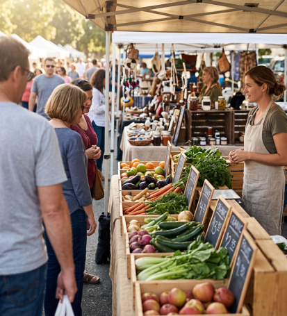 The booths that people walk past at a farmers market