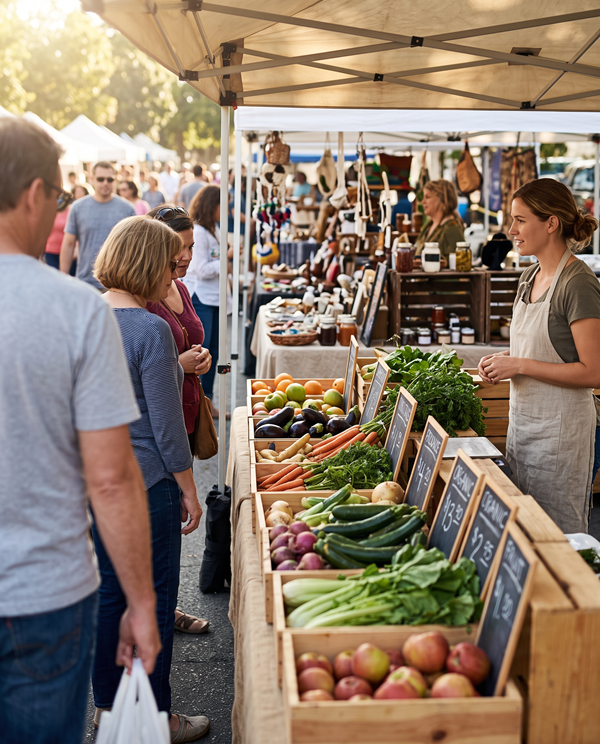 The booths that people walk past at a farmers market
